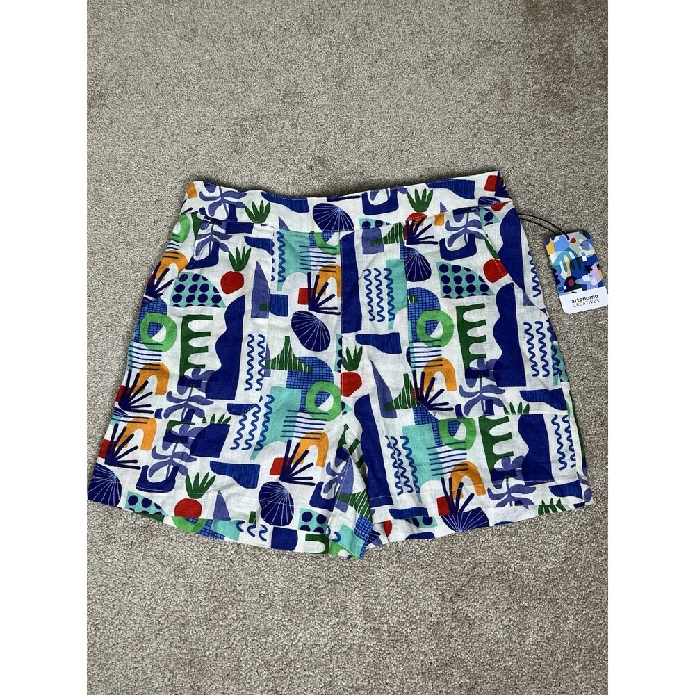 NWT Artonomo Creatives Womens M 100% Linen Shorts Art To Wear Colorful Geometric